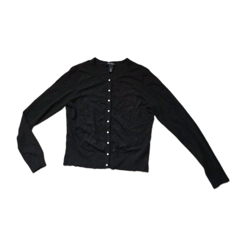 White House Black Market Black Pearl Snap Front Cardigan Sweater Womens L GUC